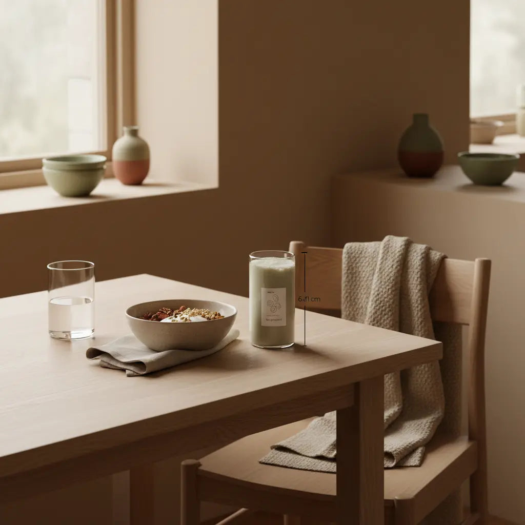 Helles, minimalistisches Frühstück mit Granola, pflanzlichem Joghurt, Nüssen und Shake in europäischer Küche — ruhige, nährende Szene zur Detox Ernährung.