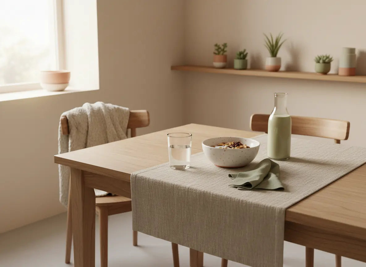 Minimalistisches Frühstück in europäischer Küche bei Morgenlicht mit Wasserglas, Granola, Joghurt, Nüssen und veganem Shake – Fokus: Detox Nebenwirkungen