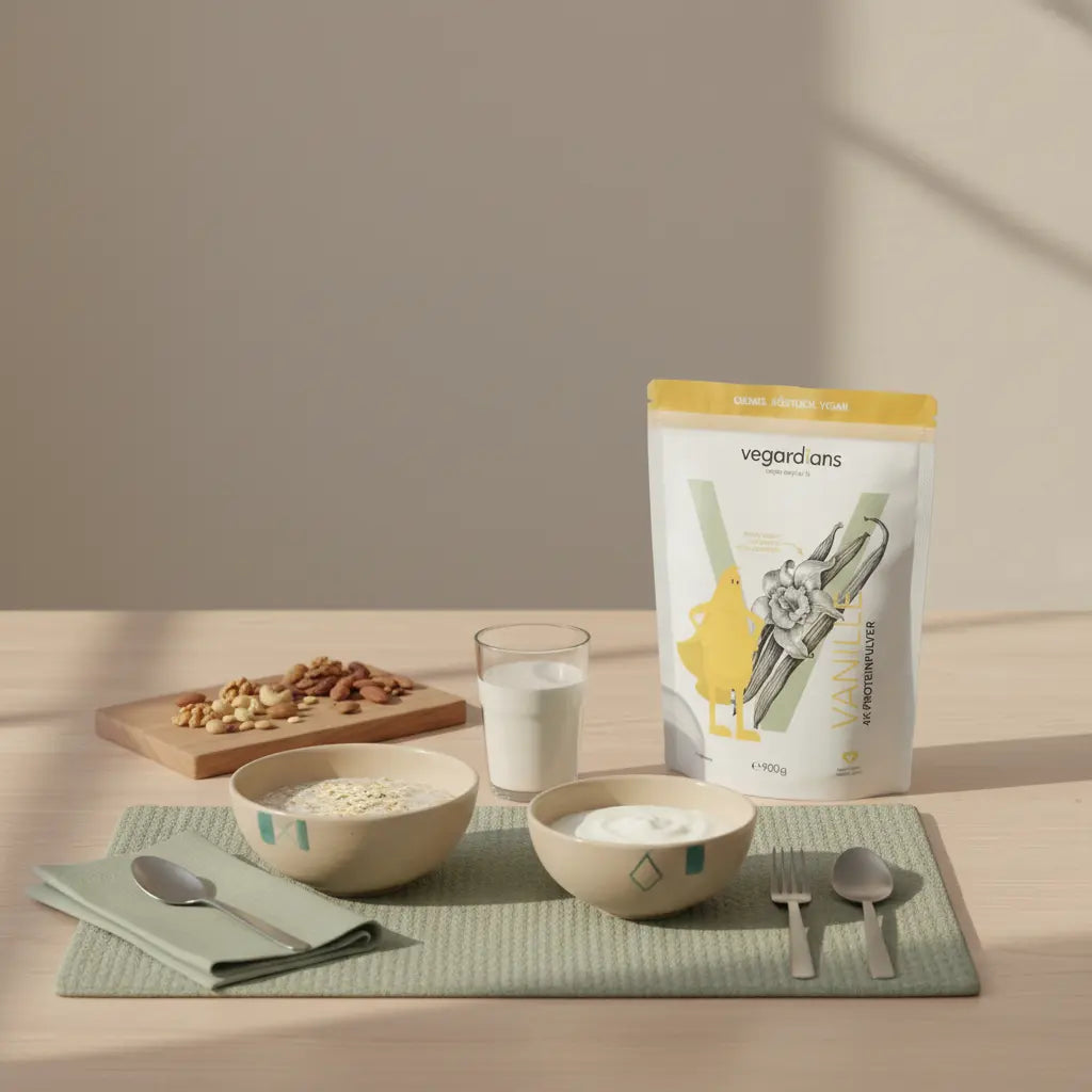 Minimalistisches zuckerfreies Frühstück in europäischer Küche bei sanftem Morgenlicht – Bild für eine Woche ohne Zucker mit Haferbrei, Joghurt, Nüssen und Shake.