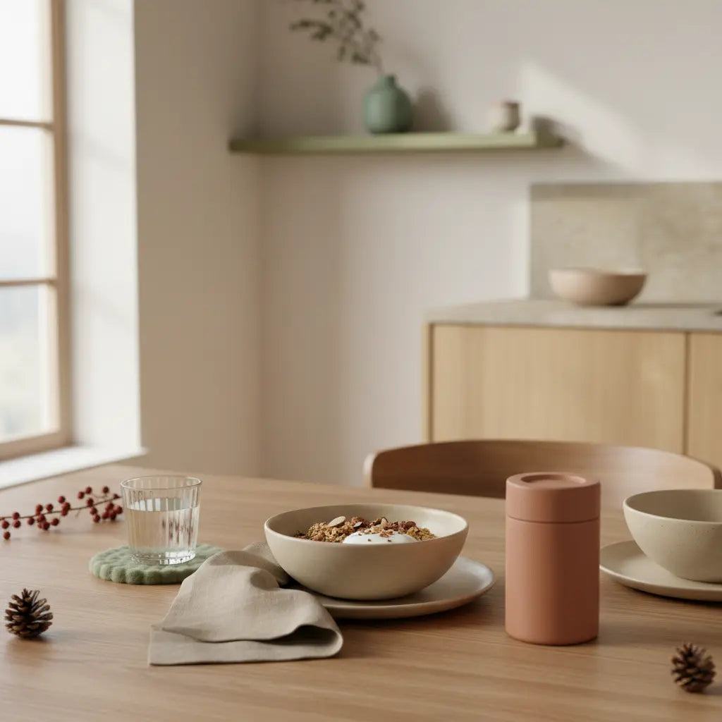 Minimalistisches Morgenfrühstück mit Hafer-Granola, veganem Joghurt, Nüssen und Shake in einer europäischen Küche, nachhaltig gedeckt – eisenaufnahme hemmen