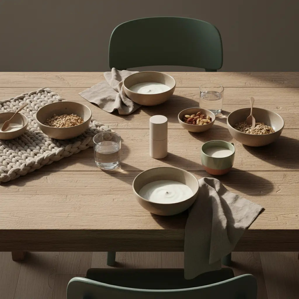 Veganes Frühstück mit Granola, Joghurt, Nüssen, Shake und dem Produkt aus den Referenzfotos auf einem nachhaltigen Tisch im Morgenlicht — Eisenlieferant, minimalistisches Setup.