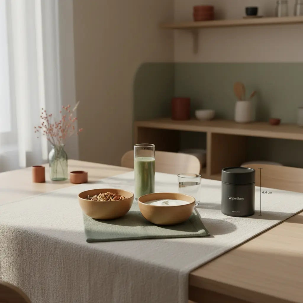 Veganer Frühstückstisch im sanften Morgenlicht mit Granola, pflanzlichem Joghurt, Nüssen, Shake und Produkt aus den Referenzfotos – Fokus auf eisenreiche pflanzen.