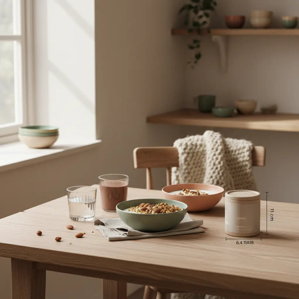 Minimalistisches Eiweiß-Frühstück mit Granola, Sojajoghurt, Nüssen und Proteinshake auf nachhaltigem Holztisch in europäischer Küche, sanftes Morgenlicht