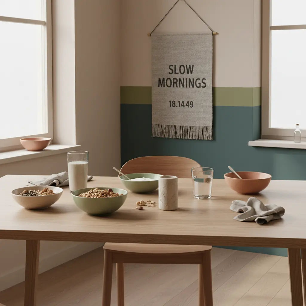 Minimalistisches Frühstück mit Granola, Joghurt, Nüssen und veganem Shake auf nachhaltigem Tisch im Morgenlicht, subtile Woll- und Leinenakzente – Eiweiß und Gewichtszunahme