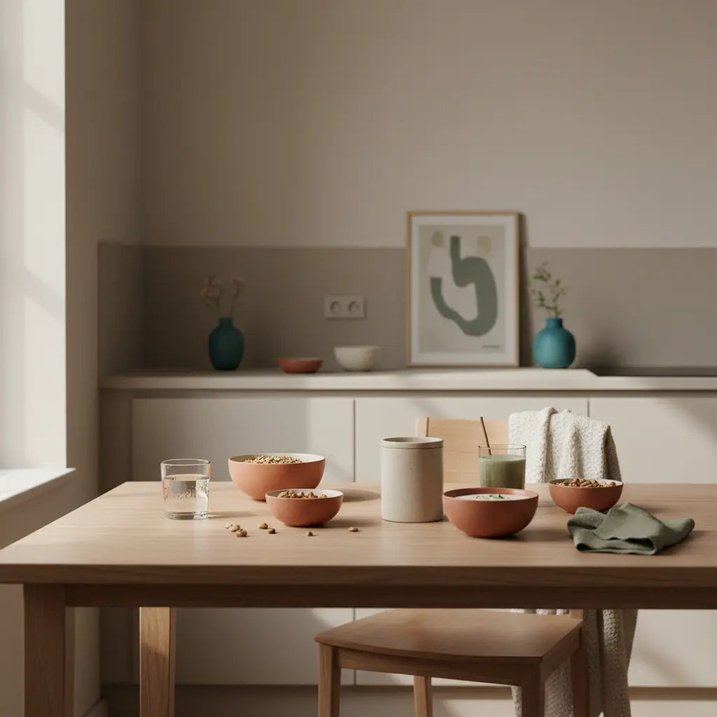 Minimalistisches Frühstück in europäischer Küche mit Granola, pflanzlichem Joghurt, Nüssen und Shake im Morgenlicht – Fokus: Eiweißgehalt Haferflocken.