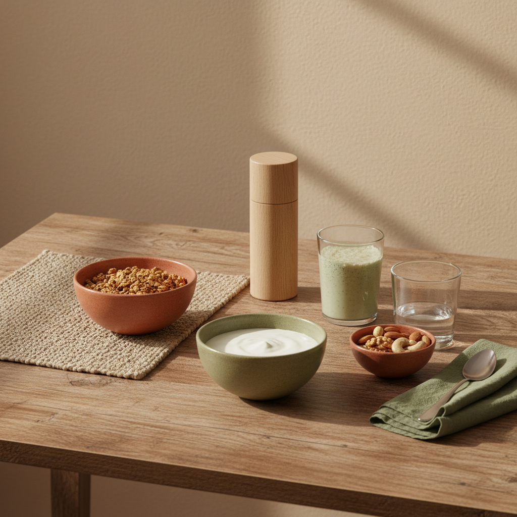 Minimalistisches Frühstück in europäischer Küche mit eiweißreichen Pflanzen: Granola, pflanzlicher Joghurt, Nüsse und Shake auf nachhaltigem Holztisch, dezente Woll- und Leinentexturen