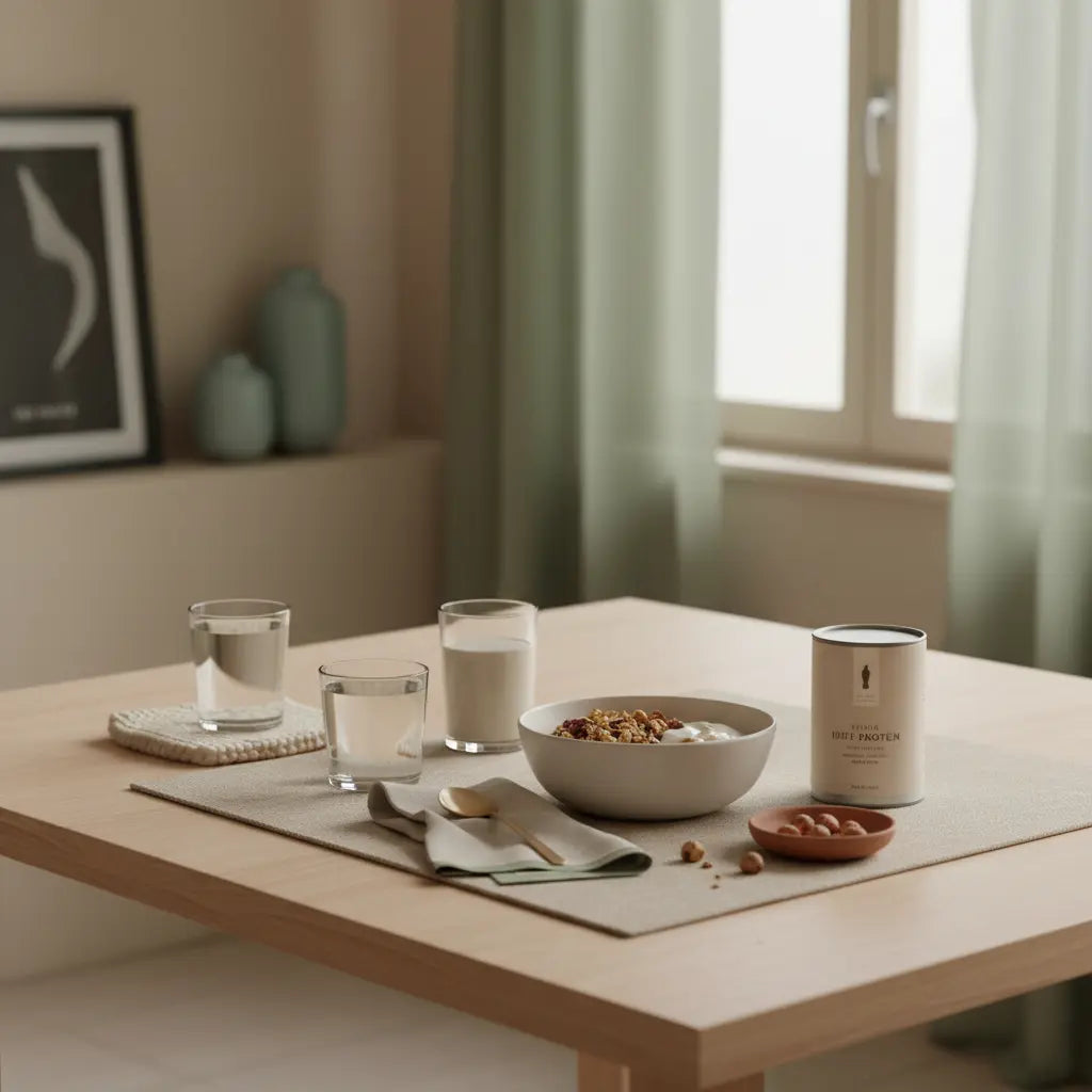 Minimalistisches Frühstücksbild mit Granola, pflanzlichem Joghurt, Nüssen und Shake auf Holztisch — eiweißreiche pflanzliche lebensmittel im Fokus