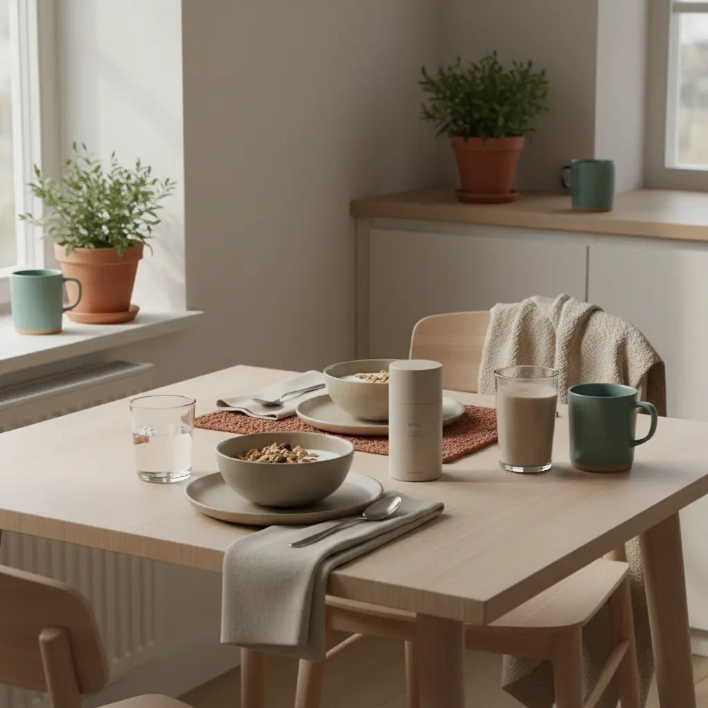 Veganes Frühstück mit Granola, Joghurt, Nüssen und Proteinshake in europäischer Küche auf nachhaltigem Tisch neben dem Produkt aus den Referenzfotos, Fokus: eiweißreiches gemüse.