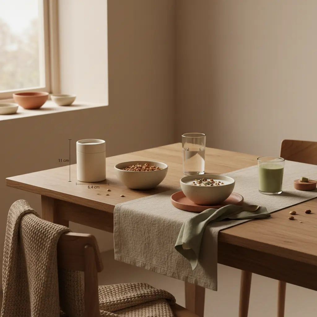 Minimalistisches Frühstück mit Granola, Joghurt, Nüssen, Shake und eiweißreiches gemüse auf nachhaltigem Tisch in einer europäischen Küche bei sanftem Morgenlicht.