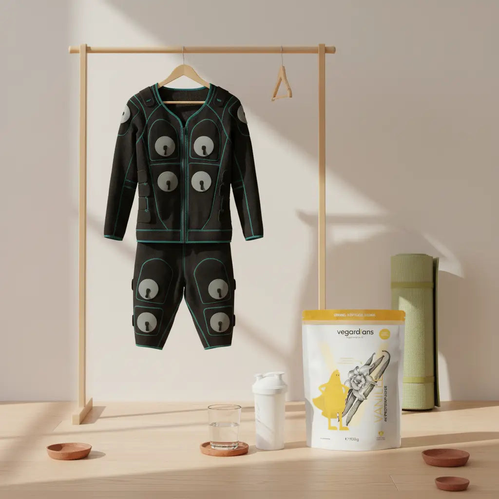 Minimalistisches Trainings‑Stillleben mit aufgehängtem EMS‑Anzug, Yogamatte, Glas Wasser und Vanille‑Proteinshaker zur Visualisierung von EMS abnehmen