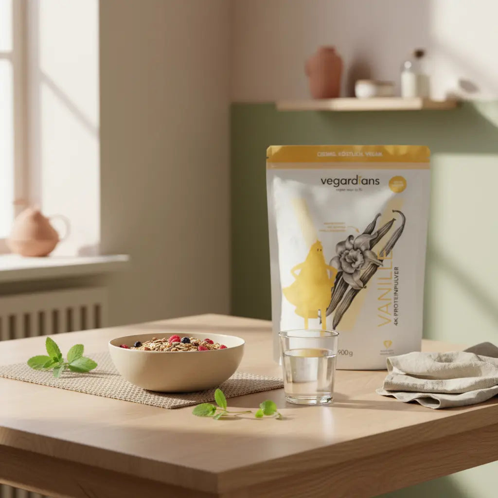 Sanfte Morgenlicht-Küchenszene mit Holztisch, Keramikschale Müsli, Glas Wasser, frischen Kräutern und Dose veganes Proteinpulver im Hintergrund – Entschlackungstee abnehmen