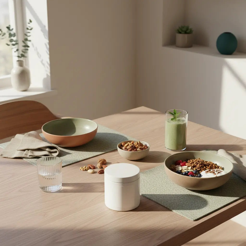 Minimalistisches Frühstück mit vegane Granola, Joghurt, Nüssen, Shake und dem Produkt aus den Referenzfotos auf einem Tisch in heller Küche, entzündungshemmende Ernährung