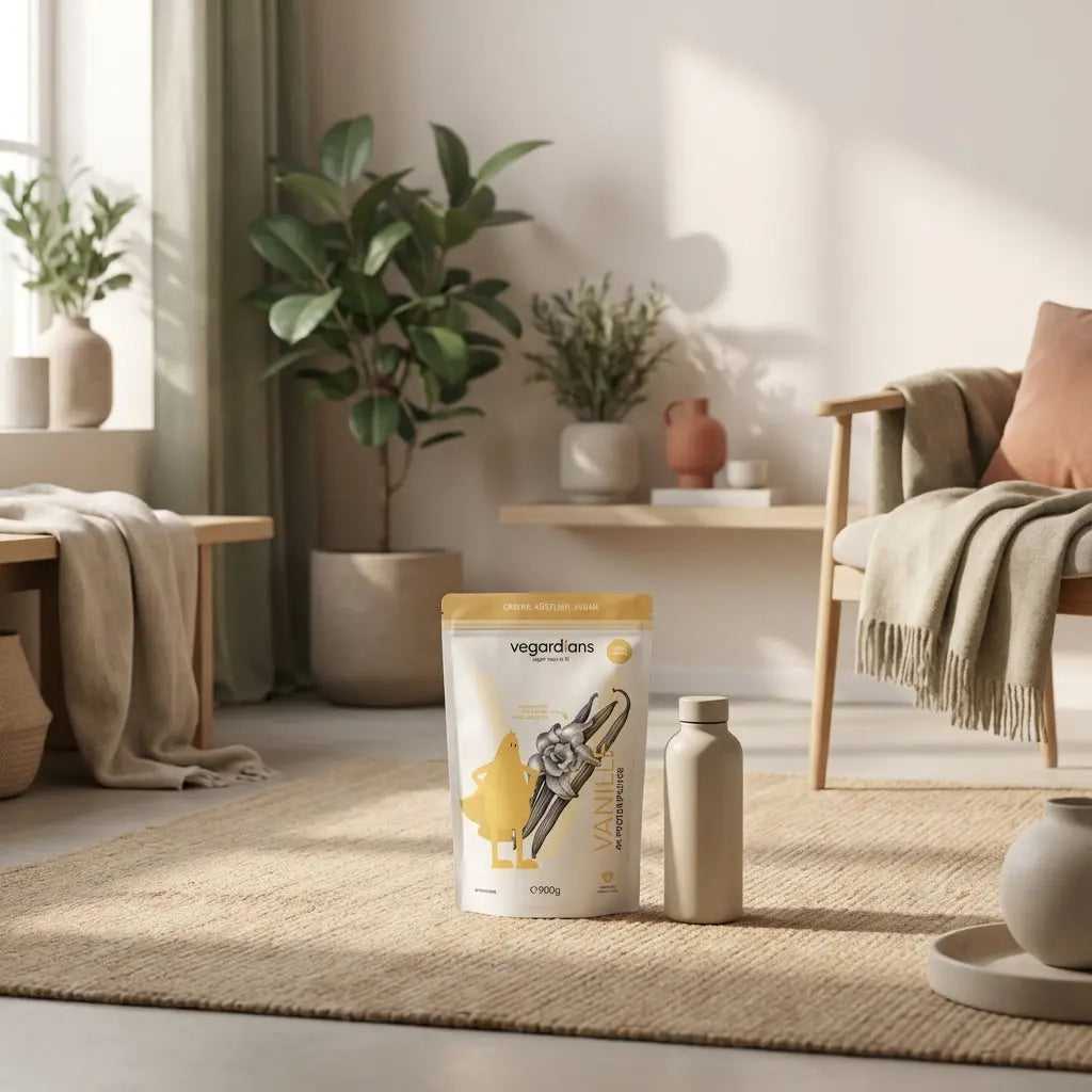 Ergometer im minimalistischen Wohnzimmer bei Morgendämmerung, Naturteppich, Pflanzen, sanftes Fensterlicht, dezente Salbei- und Terrakottatöne