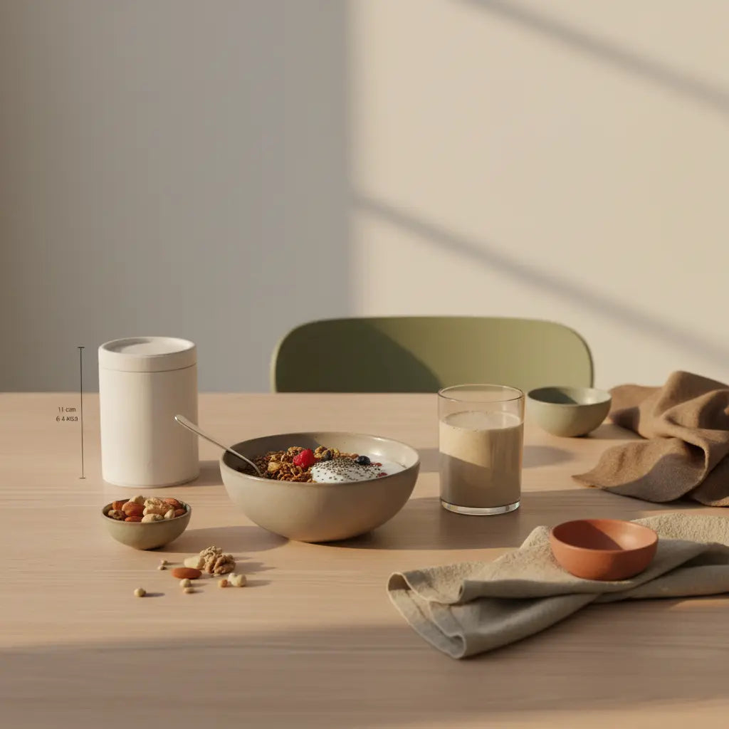 Minimalistisches veganes Frühstück auf Holztisch mit Müsli, pflanzlichem Joghurt, Nüssen und Shake — natürliche Zutaten im Fokus, ernährung für sportler.