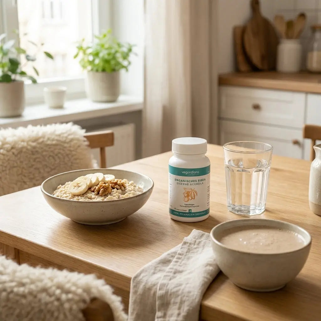 Minimalistisches Frühstück mit Haferbrei, Banane, Nüssen und pflanzlichem Shake auf nachhaltigem Holztisch im Morgenlicht – ernährung ausdauersportler