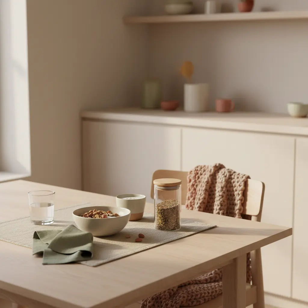 Minimalistisches Winterfrühstück mit veganem Granola, Pflanzendjoghurt, Nüssen und Shake in einer europäischen Küche im sanften Morgenlicht – Ernährung im Winter.