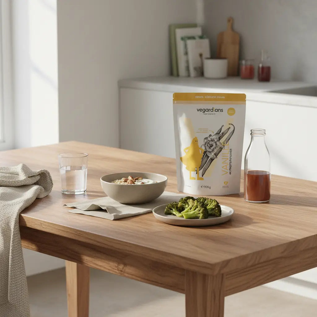 Minimalistisches Frühstück mit Haferflocken, Paranüssen, gekochtem Brokkoli, veganem Eisen-Shake in Glasflasche und Produkt auf nachhaltigem Holztisch – ernährung schilddruesenunterfunktion