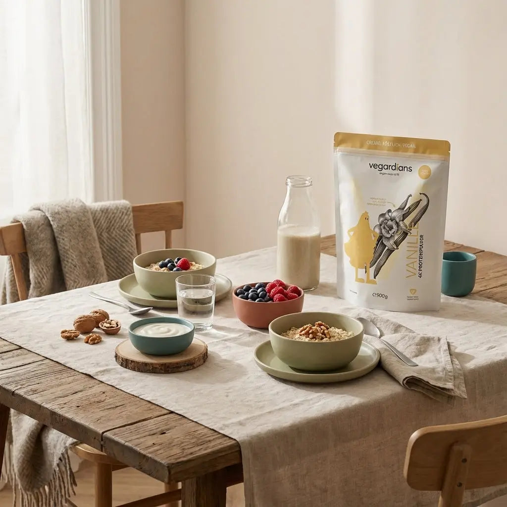 Veganer Frühstückstisch mit Müsli, Joghurt-Alternative, Beeren, Nüssen und Glas Wasser in ruhiger Morgenküche – ideal für Ernährungsplan erstellen.