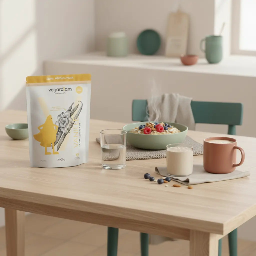 Morgenliche Küchenaufnahme mit nachhaltigem Holztisch, Haferporridge mit Beeren, Nüssen und Proteinshake – Ernährungsplan erstellen