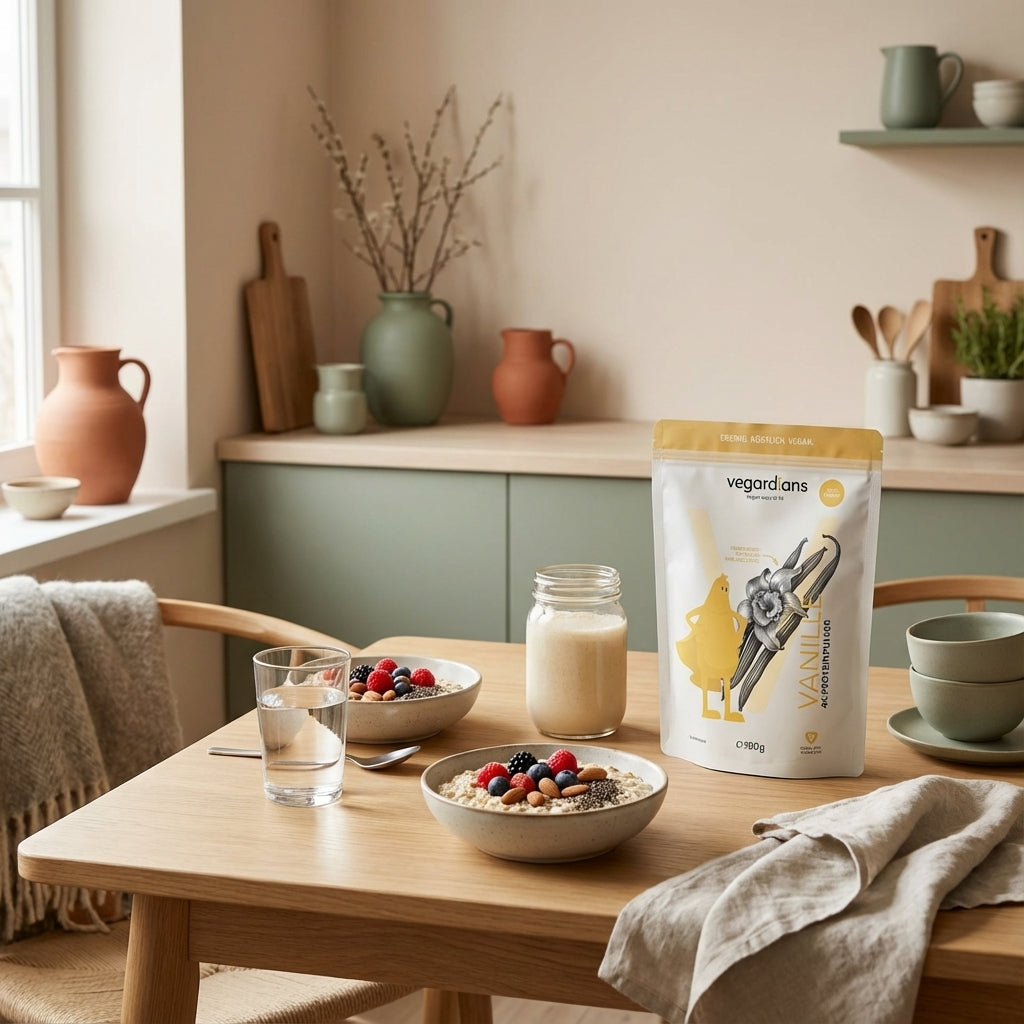 Europäische Küche im Morgenlicht: nachhaltiger Holztisch mit Glas Wasser, Overnight‑Oats mit Beeren und Nüssen sowie dezent platziertem Produkt – Ernährungsumstellung