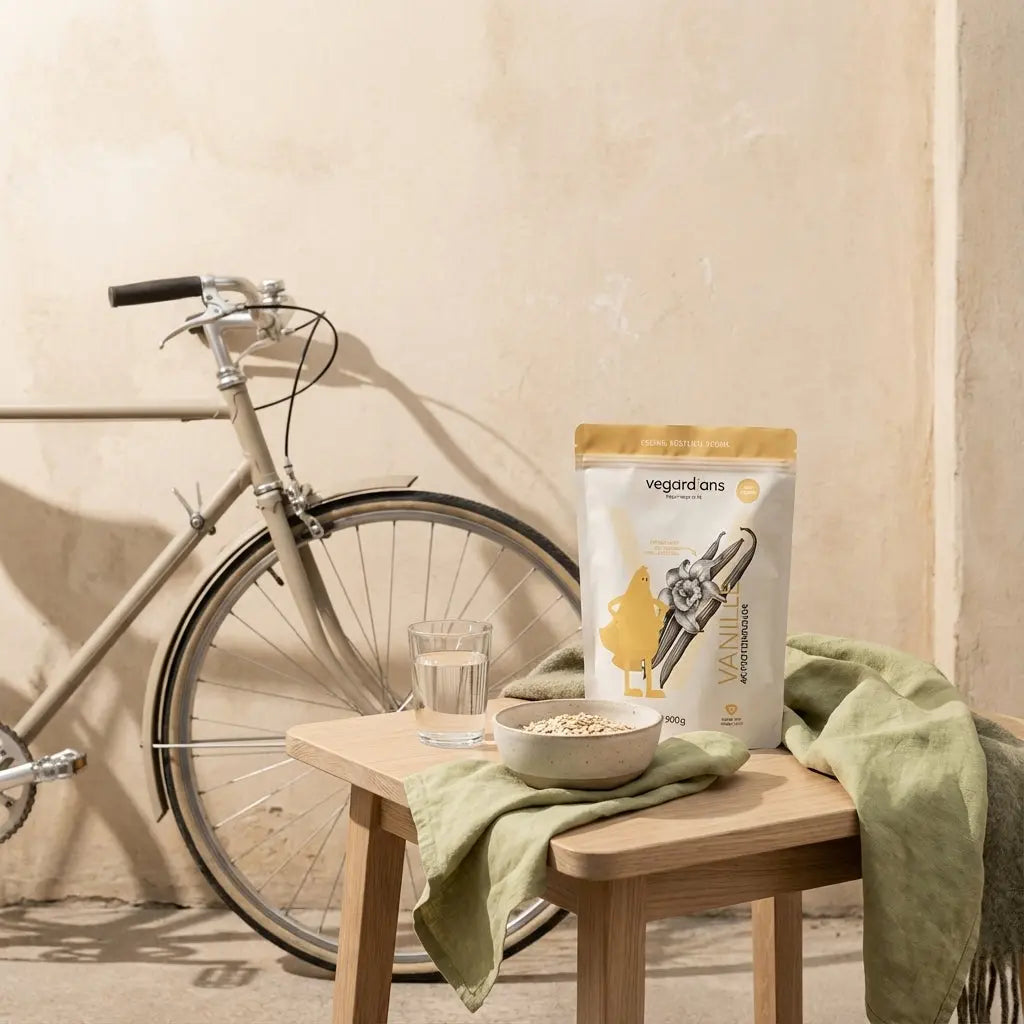 Fahrrad Cardio: Fahrrad lehnt an rustikaler Hauswand, kleiner Holztisch mit Wasserglas, Haferflocken-Schale und Vegardians-Produkt in ruhiger Morgenstimmung