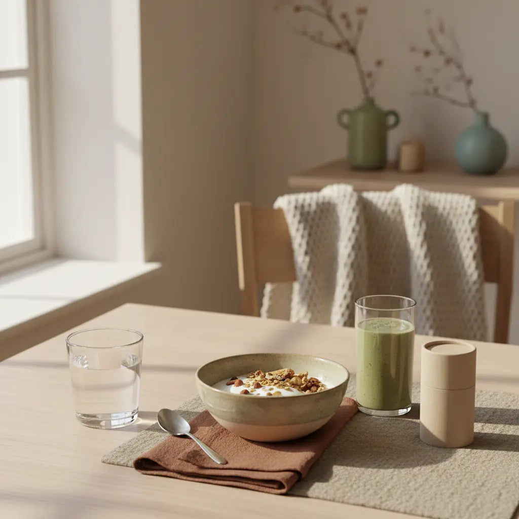 Minimalistische vegane Frühstücksszene mit Granola, Joghurt, Nüssen, Shake und dem Produkt aus den Referenzfotos auf einem nachhaltigen Tisch im Morgenlicht; slow-living Atmosphäre, fast 100 % aus Protein.