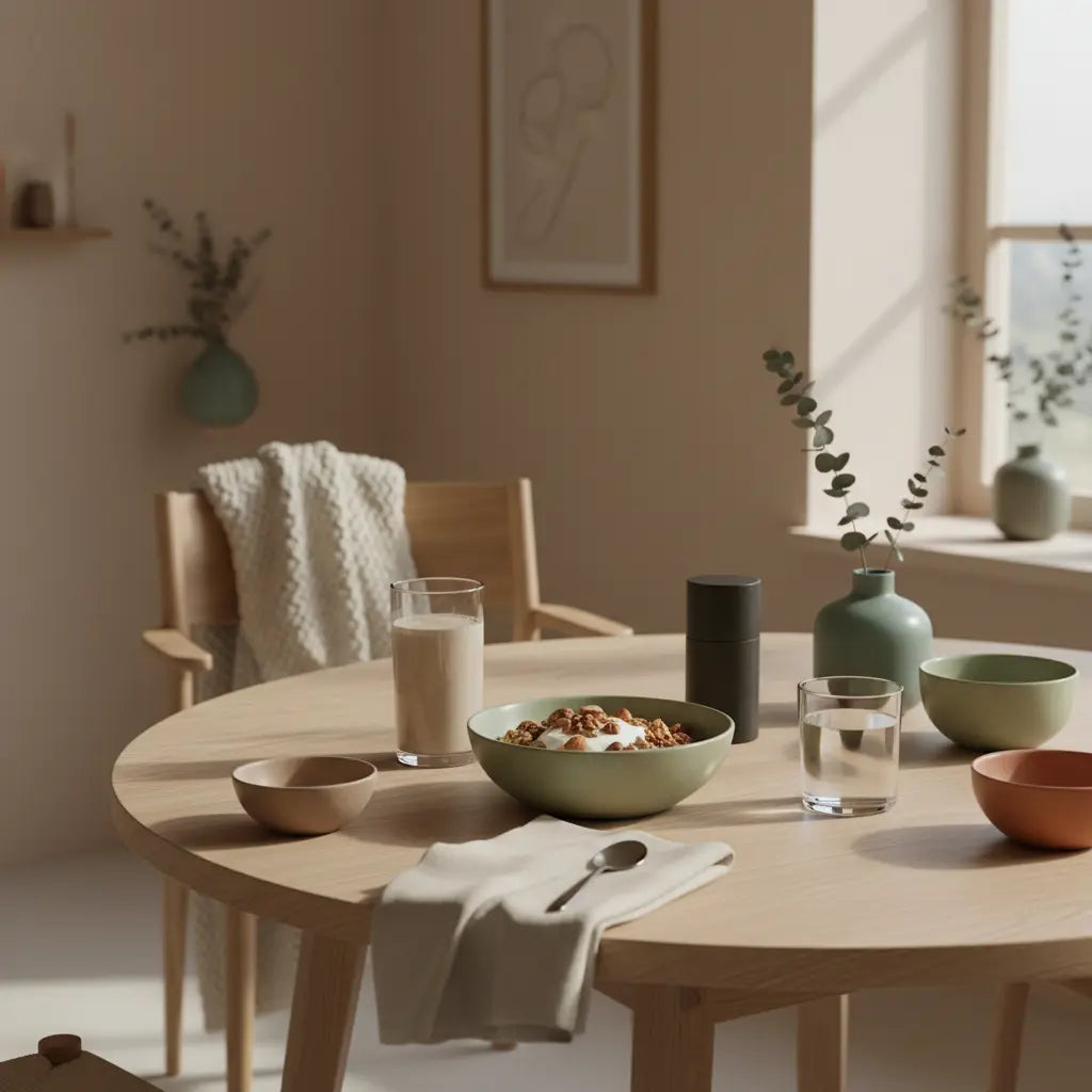 Langsames, bewusstes Frühstück mit Granola, pflanzlichem Joghurt, Nüssen und Shake in europäischer Küche – Illustration für fehlende Motivation.