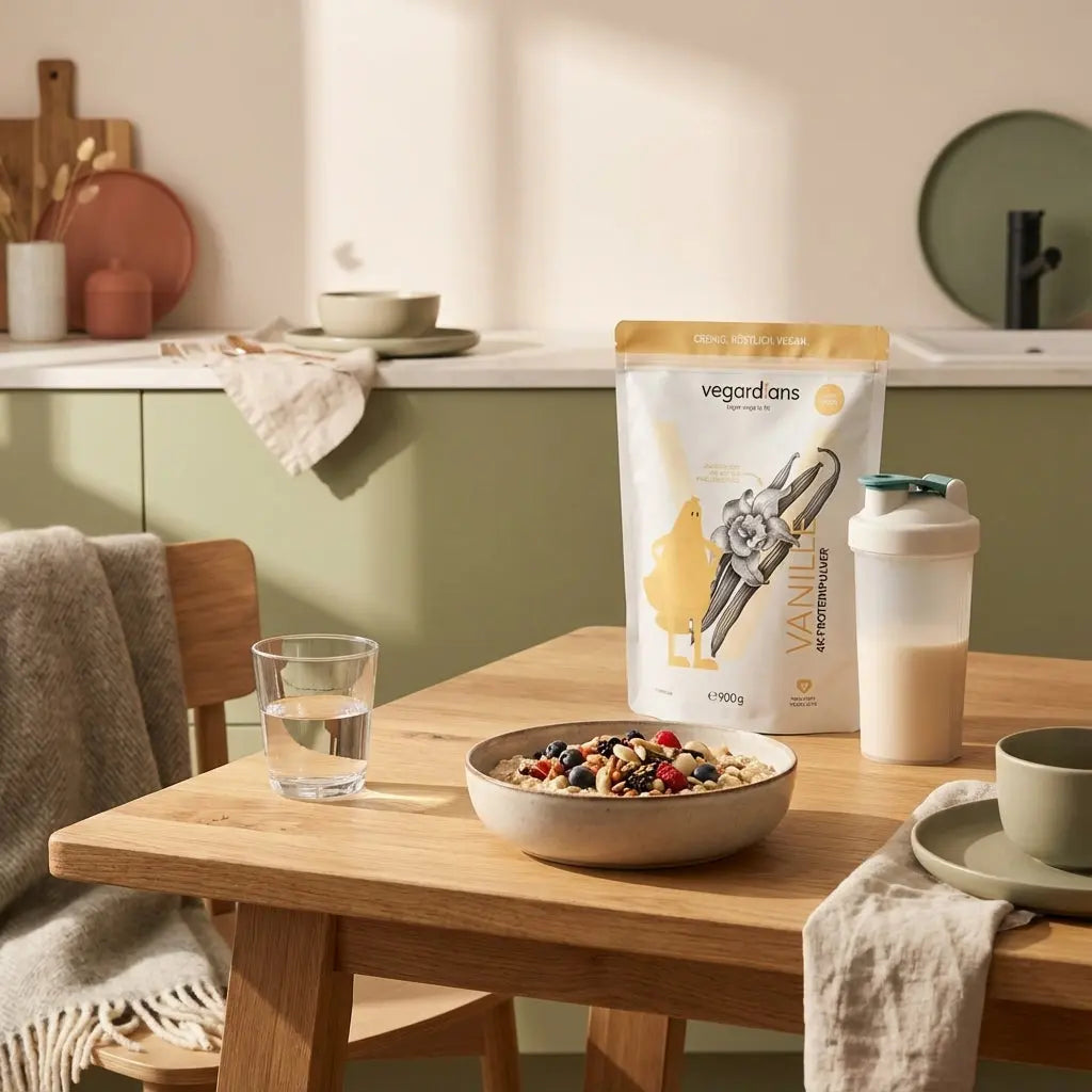 Minimalistische Morgenaufnahme: nachhaltiger Holztisch mit veganer Protein-Bowl, Glas Wasser und Protein-Shaker (Vegardians) – Fett an den Armen