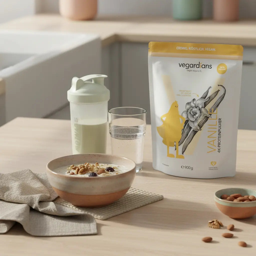 Minimalistische Frühstücksszene mit Haferflocken, Wasserglas und Proteinshake auf Holz-Esstisch im Morgenlicht – Thema: fettabbau oberschenkel