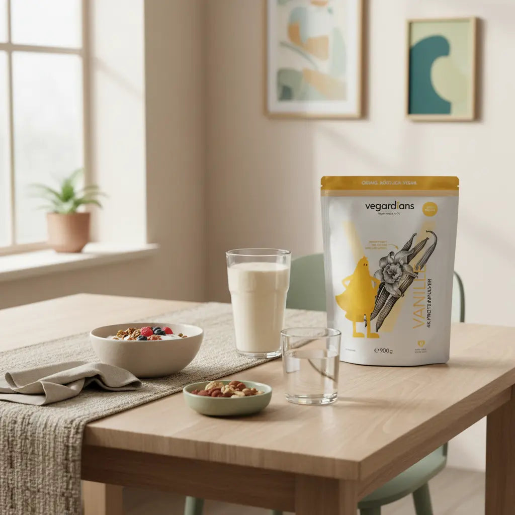 Minimalistische Küchenaufnahme mit nachhaltigem Holztisch, veganem Frühstück (Müsli, pflanzliches Joghurt, Nüsse, Shake) und Produkt (Fettkiller) im sanften Morgenlicht