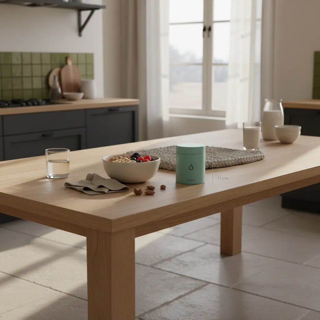 Morgenszene in europäischer Küche mit nachhaltigem Holztisch, Hafer mit Nüssen und Beeren, Glas Wasser und Proteinshake – Thema: Fettstoffwechsel trainieren