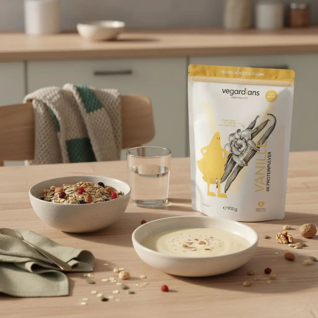 Veganer Frühstückstisch mit Müsli, Nüssen, Glas Wasser und Vanille-Proteinshake neben dem Produkt – ruhige Morgenstimmung, natürliche Zutaten, Fettverbrennung steigern.