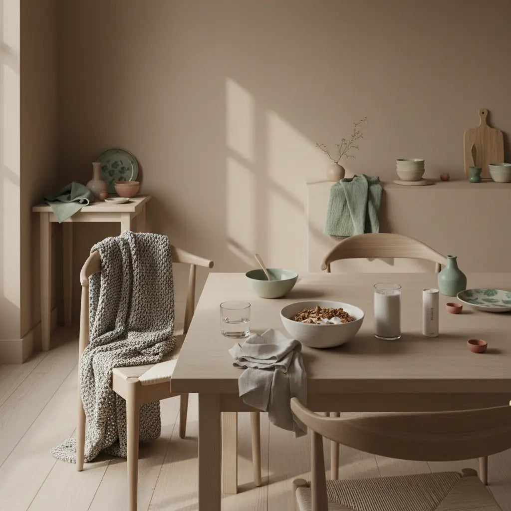 Minimalistischer Frühstückstisch mit veganer Granola, Joghurt, Nüssen und Shake in einer europäischen Küche im Morgenlicht — passend für Fitnessstudio für Anfänger.