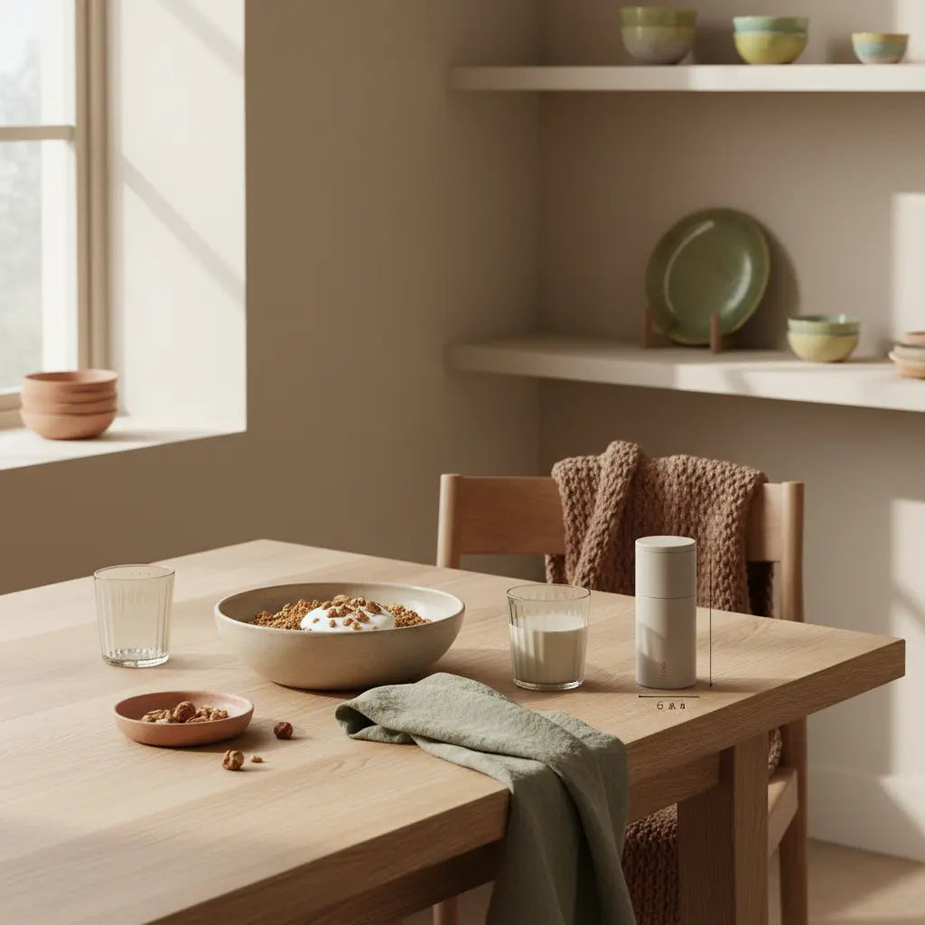 Minimalistisches Morgenfrühstück mit Granola, pflanzlichem Joghurt, Nüssen und Shake in europäischer Küche im sanften Morgenlicht; nachhaltiges Setting – fitnessziele setzen