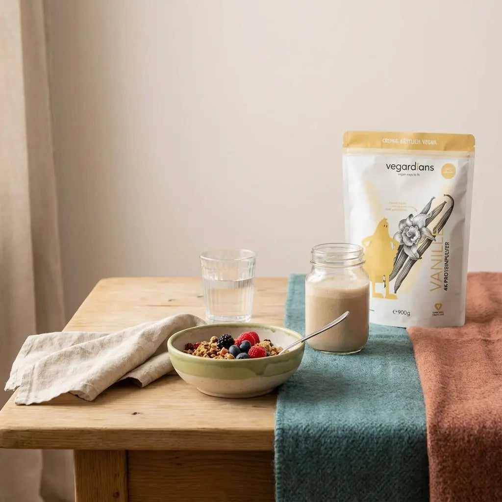 Minimalistische Morgen-Küchenszene mit Glas-Shake, Wasserglas und Müslischale auf nachhaltigem Tisch in erdigen Tönen – Flüssignahrung Abnehmen, ruhig und nährend.