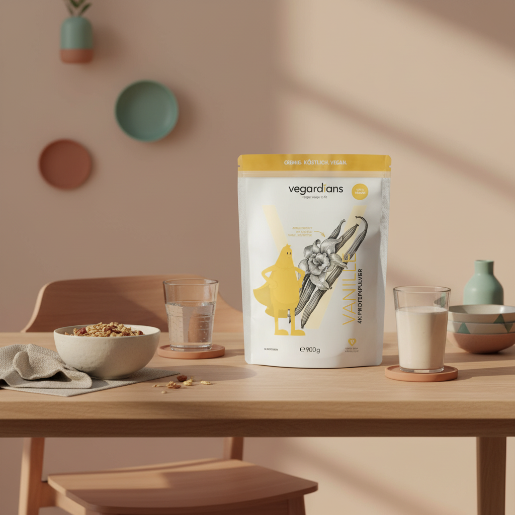 Minimalistische Küchenszene mit Shake, Müsli und Wasser auf nachhaltigem Holztisch im Morgenlicht, Vegardians-Ästhetik – foodspring shakes abnehmen