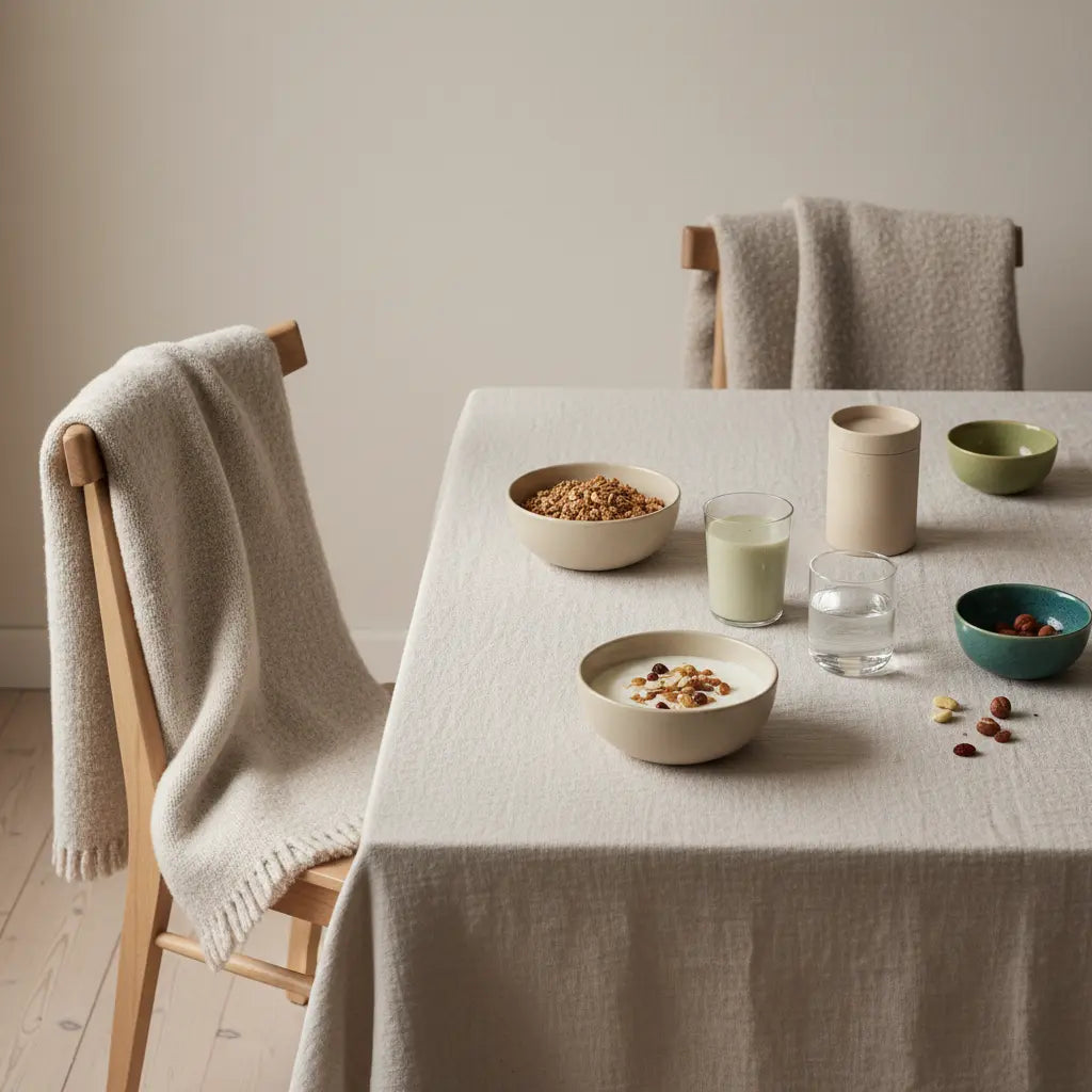 Frischkost nach Bruker: Minimalistisches Frühstück mit Granola, Joghurt, Nüssen und veganem Shake auf nachhaltigem Tisch vor beigem #F7EDE6 Hintergrund