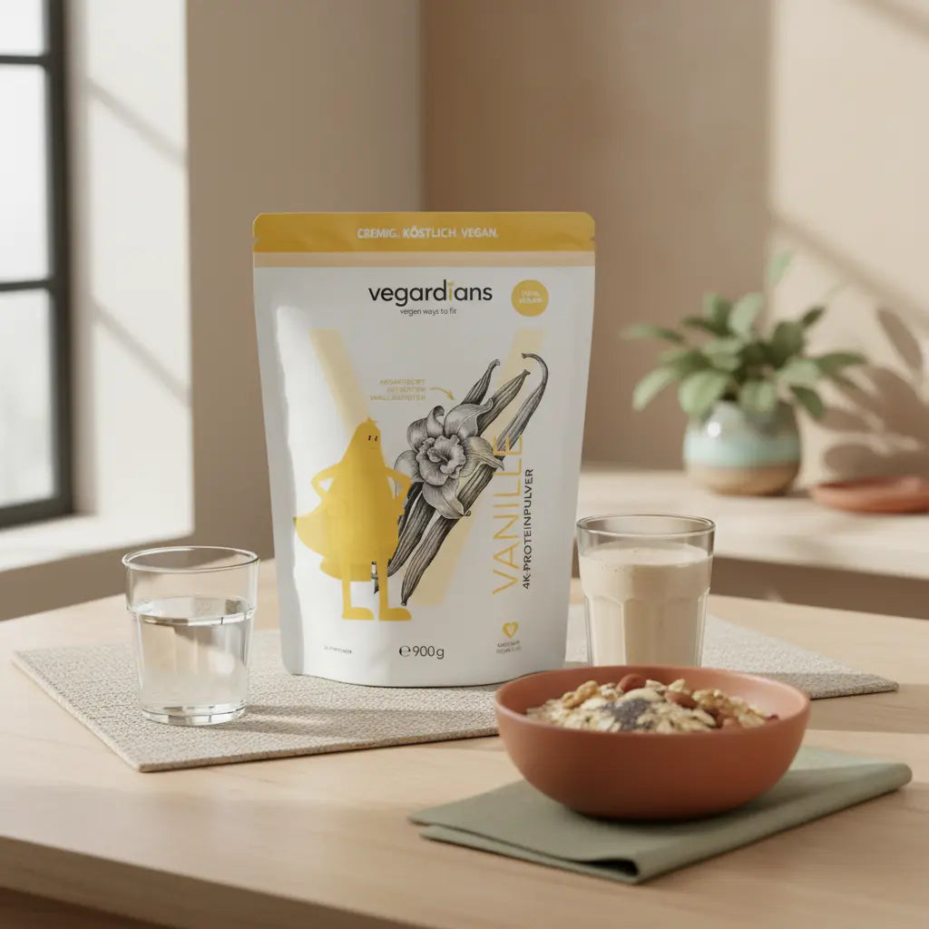 Post-Workout-Set mit Glas Wasser, Hafer-Nuss-Schale und veganem Shake auf nachhaltigem Tisch in europäischer Küche bei sanftem Morgenlicht – Ganzkörpertraining zuhause