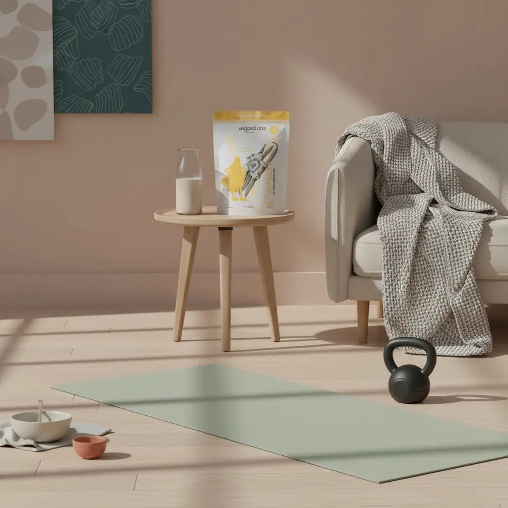 Minimalistisches Wohnzimmer in sanftem Morgenlicht mit Yogamatte, Kettlebell und Beistelltisch mit veganem Shake – ruhige, erdige Szene für Ganzkörperübung.