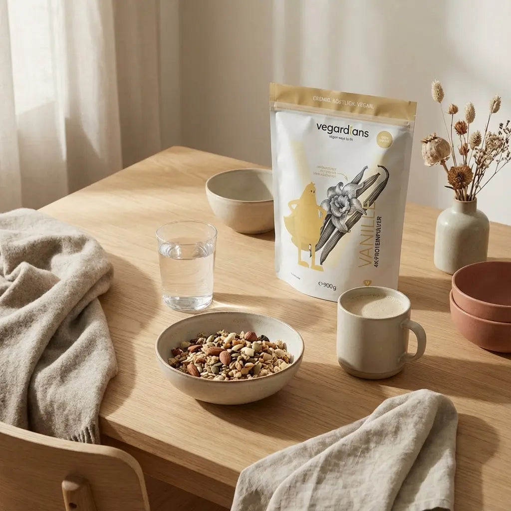 Minimalistische Morgenküche mit Holztisch, Glas Wasser, pflanzlichem Müsli, Nüssen und Shake in Keramik; ruhige erdige Töne, dezente Brandfarben integriert — Gesicht schlanker aussehen