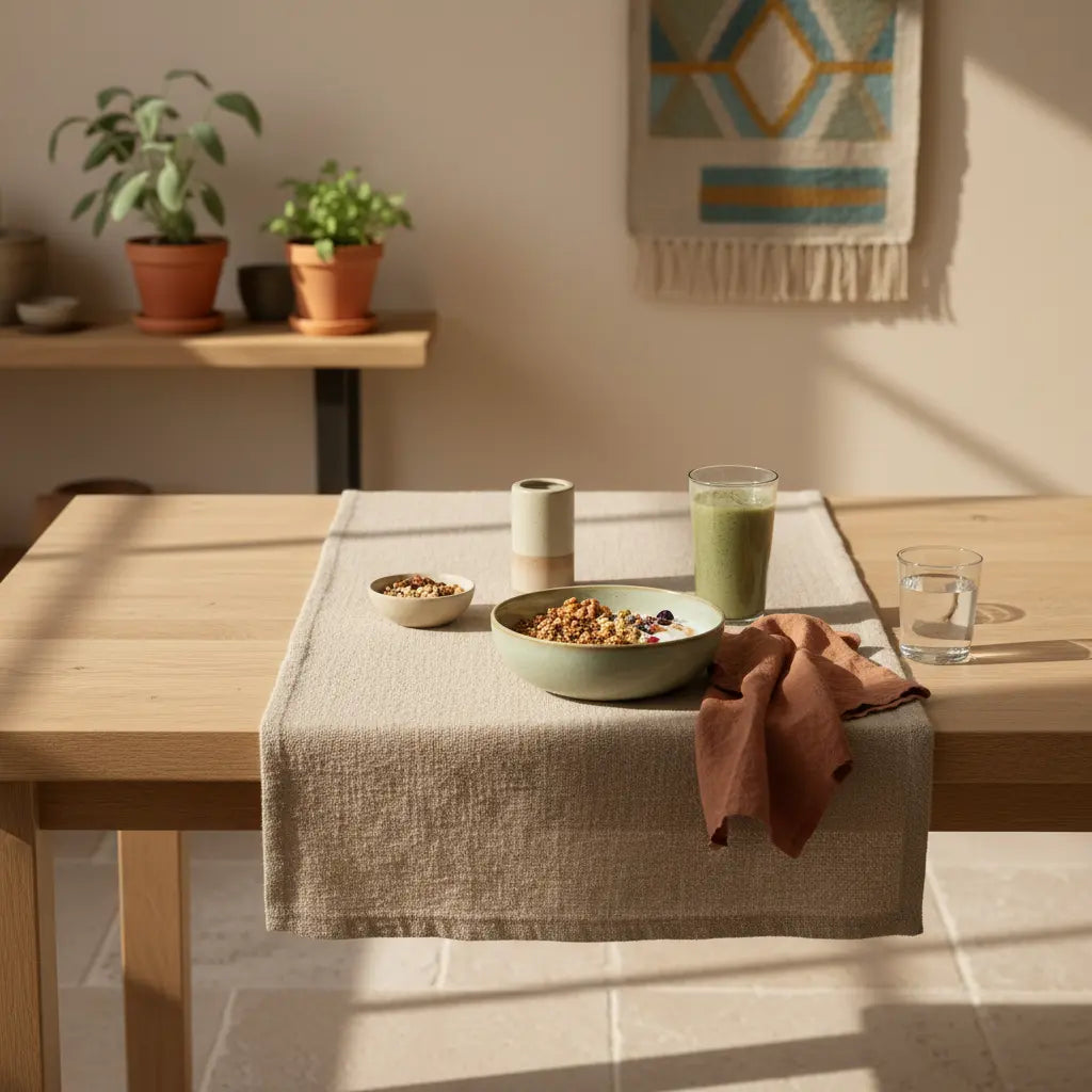 Veganes Morgenfrühstück mit Granola, pflanzlichem Joghurt, Nüssen und Shake in ruhiger europäischer Küche; gesund abnehmen Ernährung.