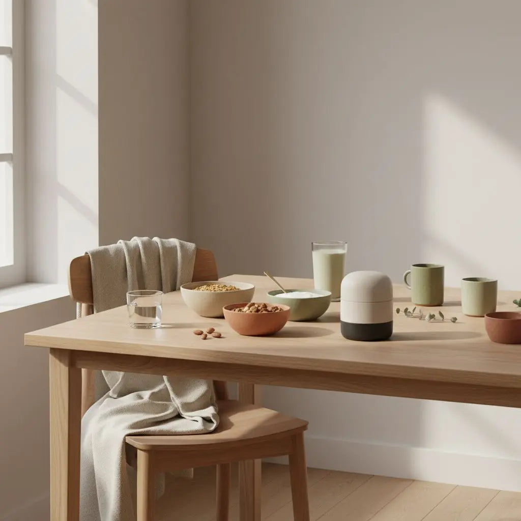 Veganer Morgentisch mit Granola, Joghurt, Nüssen und Protein‑Shake in einer ruhigen europäischen Küche – slow‑living Atmosphäre zum gesund abnehmen