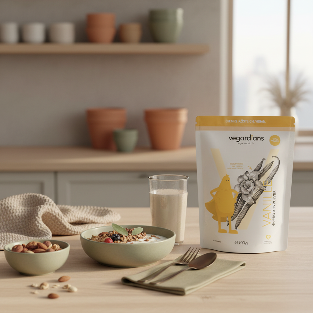Morgendliches, nachhaltiges Frühstück mit Müsli, pflanzlichem Joghurt, Nüssen, Shake und Vegardians-Produkt auf Holztisch im sanften Licht — gesund abnehmen