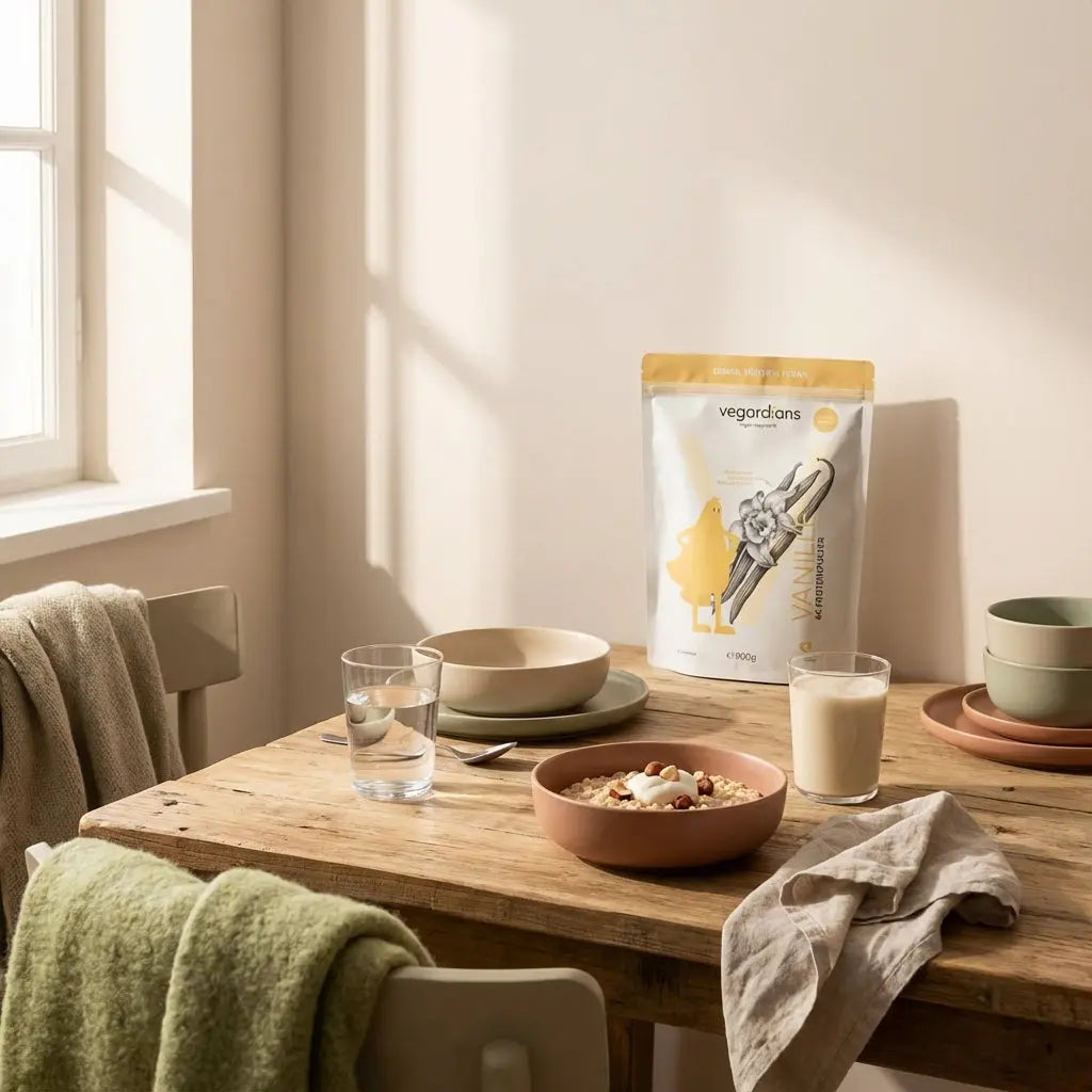 Morgendliche, minimalistische europäische Küchenszene auf einem nachhaltigen Holztisch mit Haferbrei, pflanzlichem Joghurt, Nüssen, Shake und Vegardians-Produkt, gesunde ernährung zum abnehmen