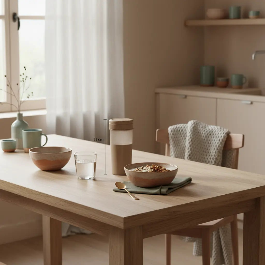 Minimalistisches Frühstück mit Granola, Joghurt, Nüssen und Proteinshake auf nachhaltigem Tisch, dezente Wintertexturen und erdige Farben – gesunde Kekse