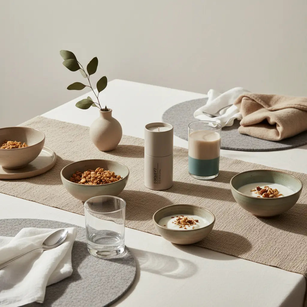 Minimalistischer Frühstückstisch mit Keramikschüsseln, Granola, Joghurt, Nüssen und veganem Shake in naturton-Küche; ruhige, nährende Szene und Inspiration für gesunde Weihnachtskekse.