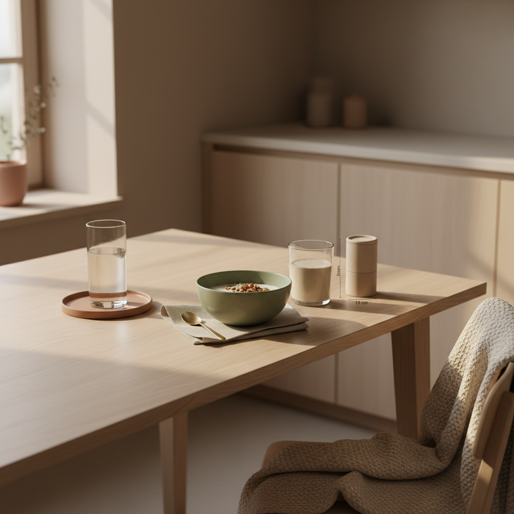 Minimalistisches Frühstück in europäischer Küche mit Glas Wasser, pflanzlichem Joghurt, Granola, Nüssen und Shake, winterliche Woll- und Leinenakzente – gesundheit klimazonen