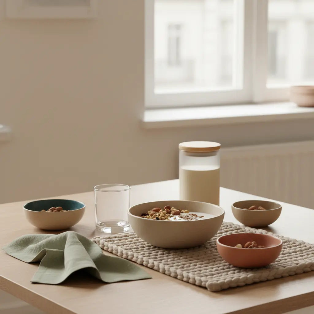 Veganes Morgenfrühstück mit Granola, pflanzlichem Joghurt, Nüssen und Proteinshake auf nachhaltigem Tisch in sanftem Morgenlicht – unterstützt Gewichtsabnahme