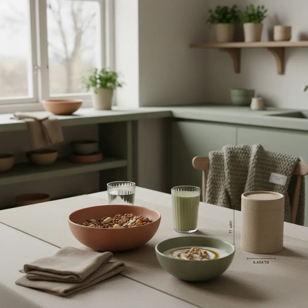 Veganes Frühstück mit Granola, Joghurt, Nüssen und Shake auf minimalem Tisch mit Wolltexturen – Bild zum Thema Gewichtszunahme im Winter.