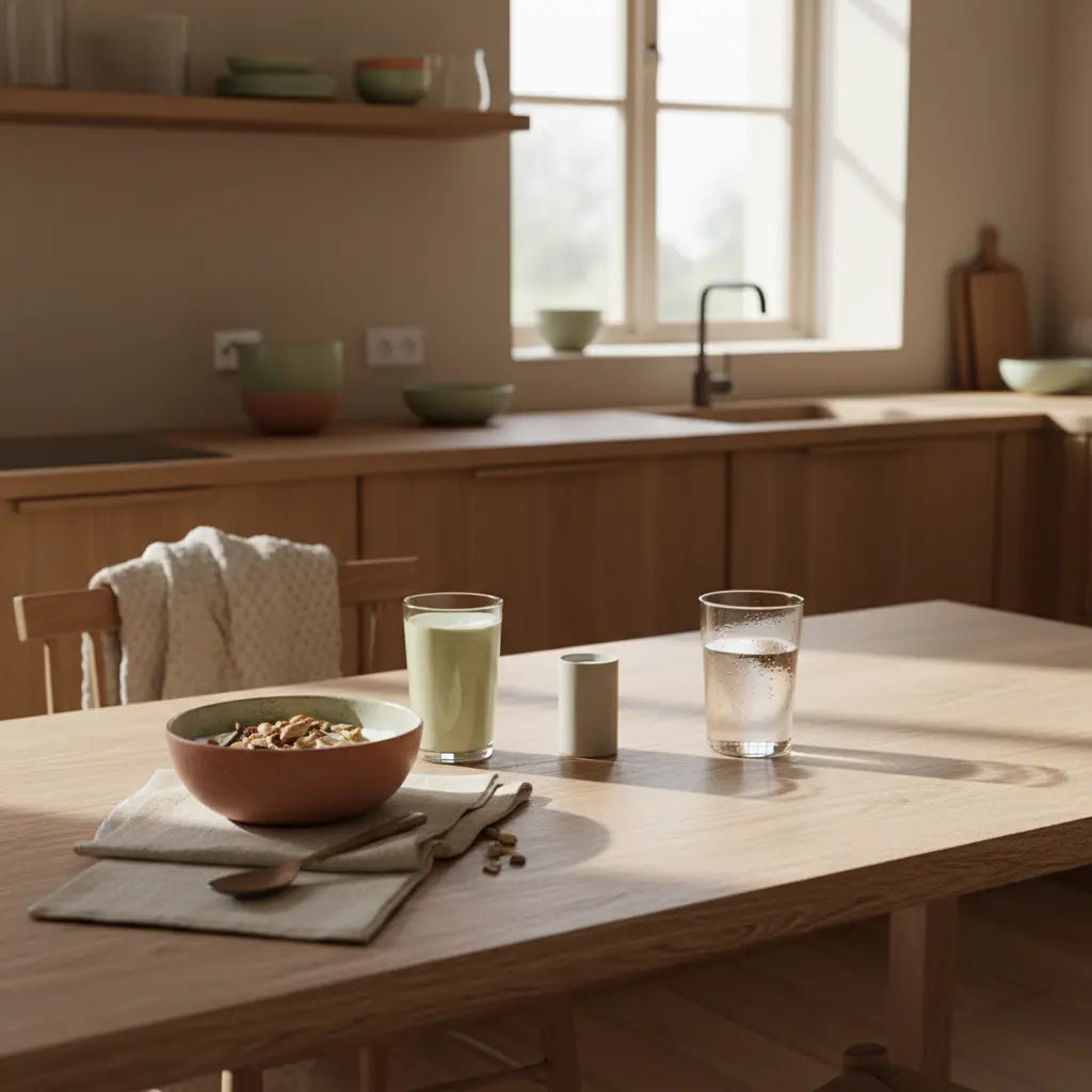 Gewohnheitsbildung: nachhaltiges Frühstück in europäischer Küche mit Granola, pflanzlichem Joghurt, Nüssen und Shake in ruhiger, erdiger Farbpalette, sanftes Morgenlicht